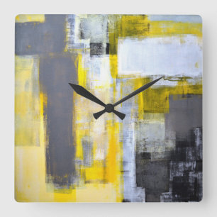 Horloge Carrée Art abstrait gris et jaune "occupé et occupé"