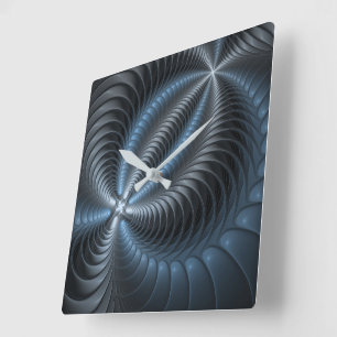 Horloge Carrée Art abstrait moderne fractal bleu gris plastique 3