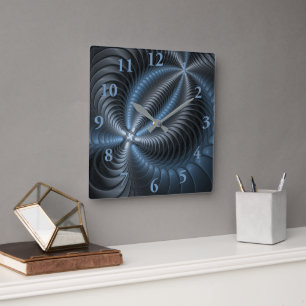 Horloge Carrée Art abstrait moderne fractale bleu gris plastique