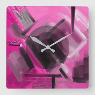Horloge Carrée Art Abstrait moderne rose noir gris dynamique