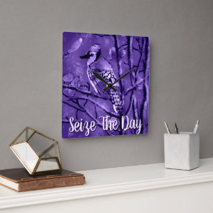 Horloge Carrée Art Abstrait Personnalisé Geai Bleu Violet