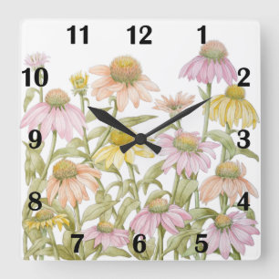 Horloge Carrée Art botanique à l'aquarelle des Rudbeckias