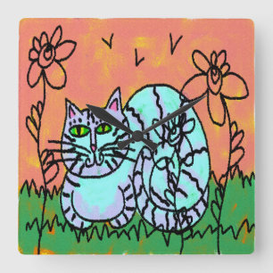 Horloge Carrée Art Chat Abstrait