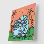 Horloge Carrée Art Chat Abstrait (Angle)