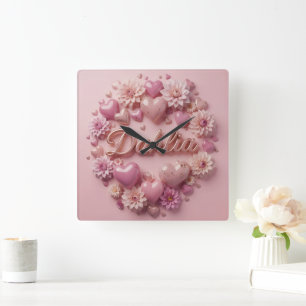 Horloge Carrée Art de fleurs de dahlia pastel avec des cœurs