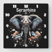 Horloge Carrée Art de l'éléphant de l'aube fleuri (Recto)