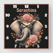 Horloge Carrée Art de l'éléphant de l'aube fleuri (Recto)