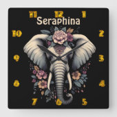 Horloge Carrée Art de l'éléphant de l'aube fleuri (Recto)