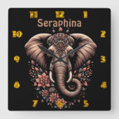 Horloge Carrée Art de l'éléphant de l'aube fleuri (Recto)