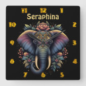 Horloge Carrée Art de l'éléphant de l'aube fleuri (Recto)