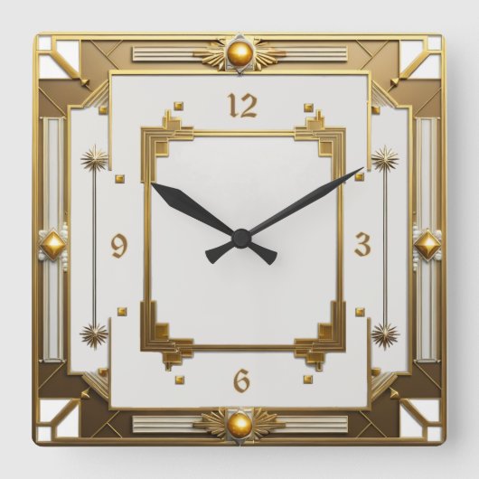 Horloge Carrée Art Déco Elegant Blanc et Or (Recto)