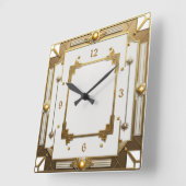 Horloge Carrée Art Déco Elegant Blanc et Or (Angle)