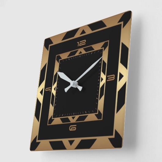 Horloge Carrée Art déco élégant noir et or (Angle)