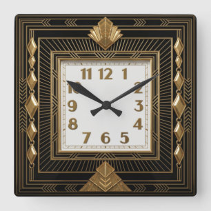 Horloge Carrée Art Déco Élégant Noir et Or