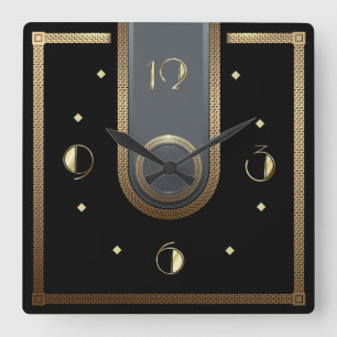 Horloge Carrée Art déco élégant noir et or