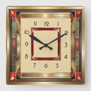 Horloge Carrée Art Déco élégant rouge et or