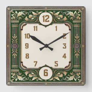 Horloge Carrée Art Déco Élégant Vert