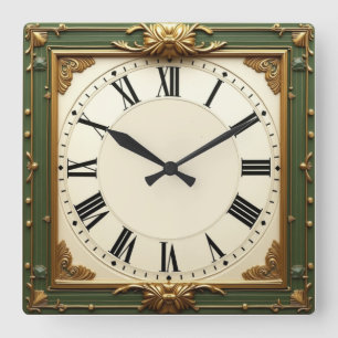 Horloge Carrée Art Déco Elegant Vert