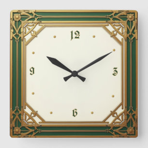 Horloge Carrée Art Déco Elegant Vert