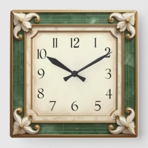 Horloge Carrée Art Déco Elegant Vert