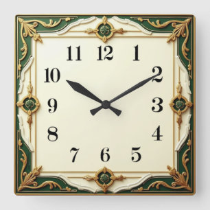 Horloge Carrée Art Déco Élégant Vert