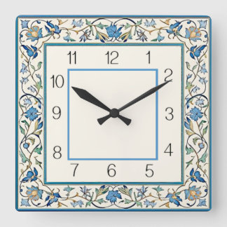 Horloge Carrée Art Déco Fleur Bleue