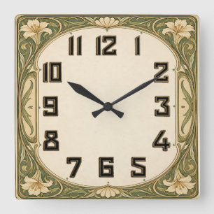 Horloge Carrée Art Déco Floral Vert