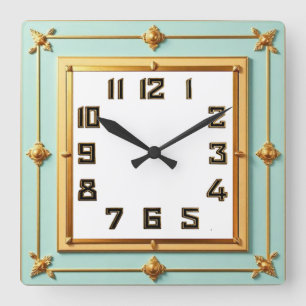 Horloge Carrée Art Déco Mint et Or