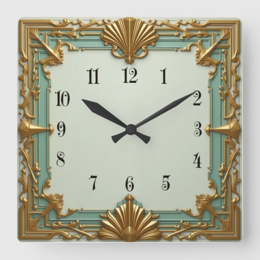 Horloge Carrée Art Déco Mint et Or (Recto)