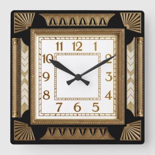 Horloge Carrée Art Déco Noir et Or