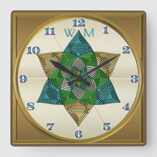 Horloge Carrée Art Deco Peacock Feather Inspecred Mandala Monogra (Recto)