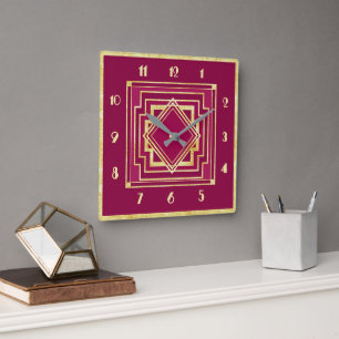 Horloge carrée Art Déco rose profond et or pâle