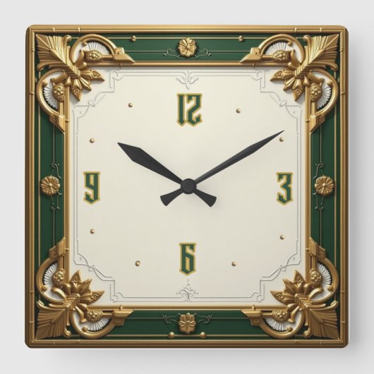 Horloge Carrée Art Déco Vert Élégant (Recto)
