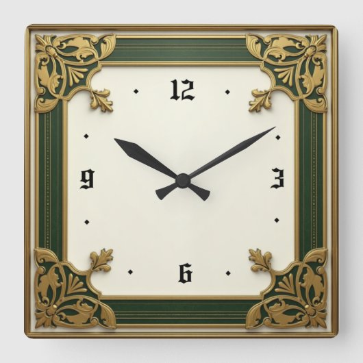 Horloge Carrée Art Déco Vert Élégant (Recto)