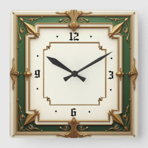 Horloge Carrée Art Déco Vert Élégant