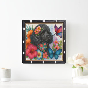 Horloge Carrée Art du papillon floral de caniche noir