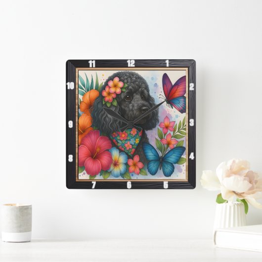 Horloge Carrée Art du papillon floral de caniche noir (Maison)