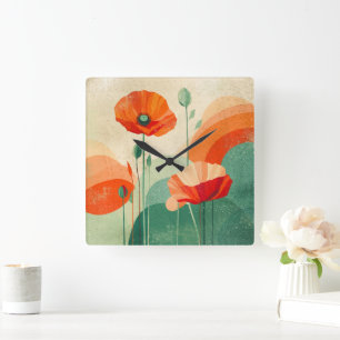 Horloge Carrée Art floral abstrait poppy rétro moderne