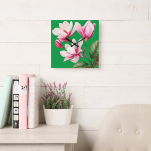 Horloge Carrée Art floral de fleurs roses simple élégant