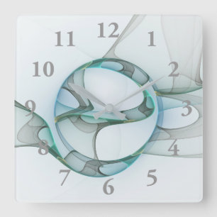Horloge Carrée Art fractal bleu turquoise gris Élégance abstraite