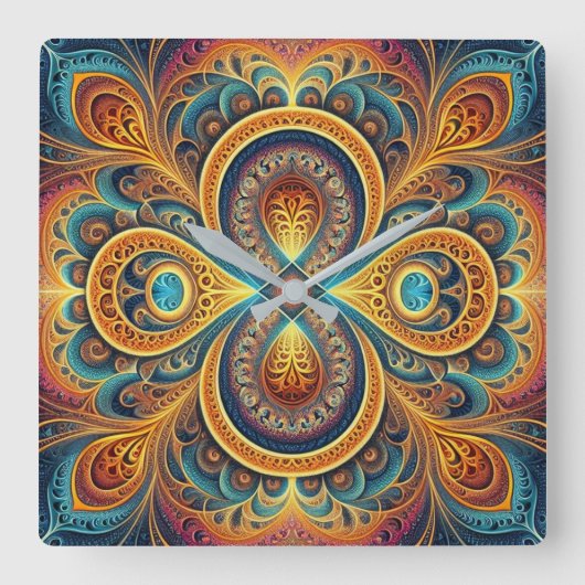 Horloge Carrée Art fractal vibrant (Recto)
