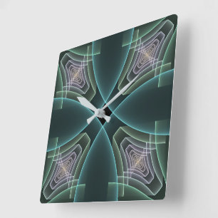 Horloge Carrée Art graphique géométrique fractal sarcelle moderne
