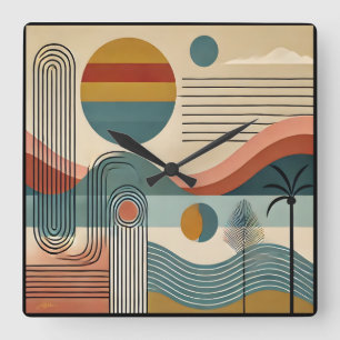 Horloge Carrée Art moderne du milieu du XXe siècle Lever de solei