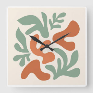 Horloge Carrée art mural abstrait vert sauge et terre cuite