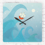 Horloge Carrée Art nautique<br><div class="desc">Un voilier est assis au sommet d'une vague océanique sous un ciel étoilé. Parfait pour les marins, les voyageurs et les aventuriers partout.</div>