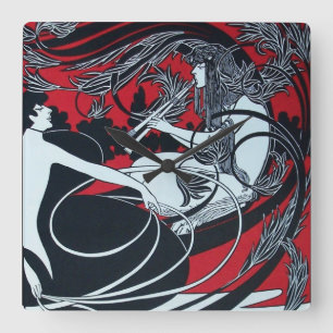 Horloge Carrée ART NOUVEAU FAUN Rouge Bourgogne, Noir, blanc