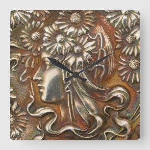 Horloge Carrée Art Nouveau premier Repousse argenté Acryllic