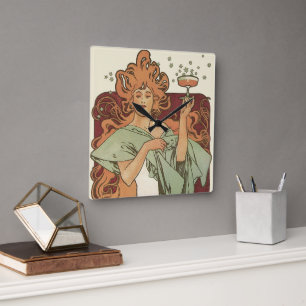 Horloge Carrée Art Nouveau vintage, Champagne par Alphonse Mucha