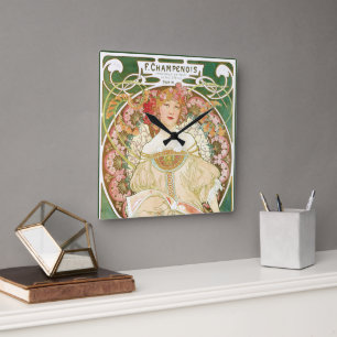 Horloge Carrée Art Nouveau vintage, Champenois par Alphonse Mucha