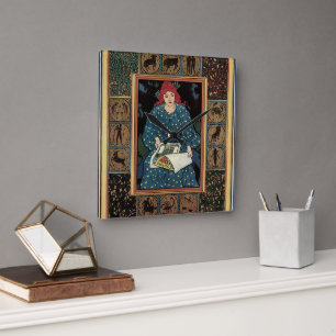 Horloge Carrée Art Nouveau vintage, femme lisant un livre d'astro
